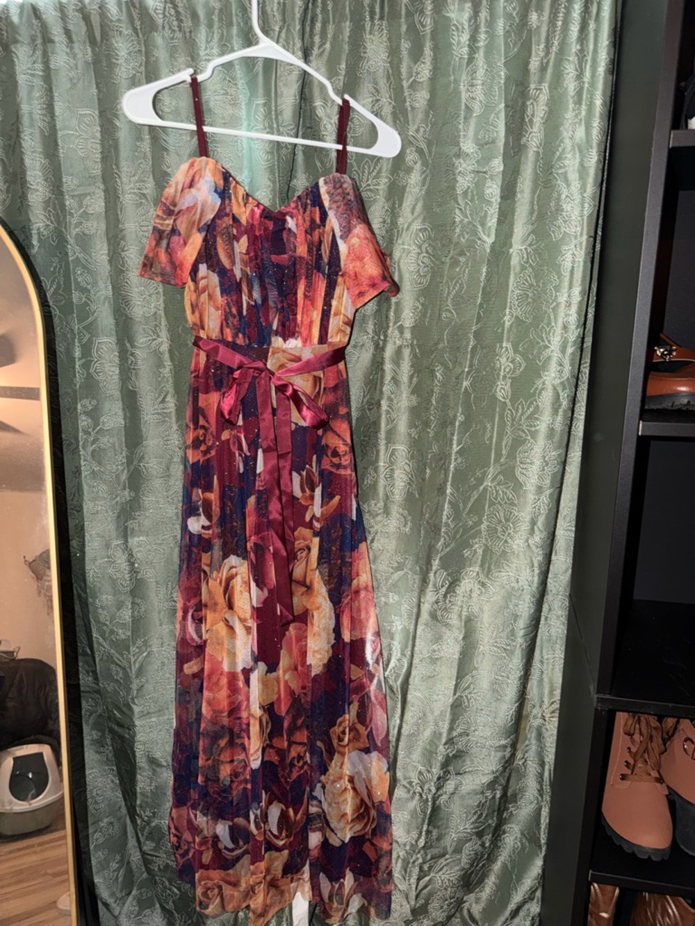 Floral Burgundy Off-Shoulder Maxi Dress with Tie Waist